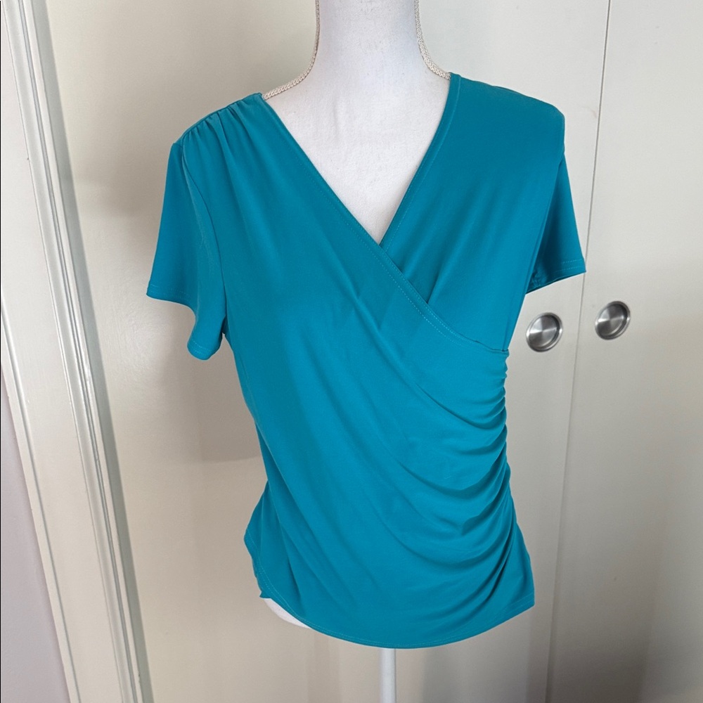Women's Teal Wrap-Style V-Neck Ruched Short Sleeve Top